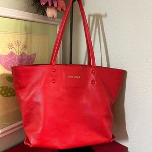 EUC Cole Haan Red Leather Hannah Tote Bag Blue Lining